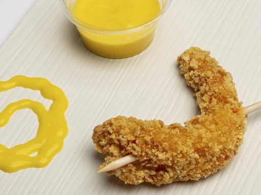 Café Churrería Évalo – Tapa «Brocheta de Langostino Crujiente con Vinagreta de Mango»